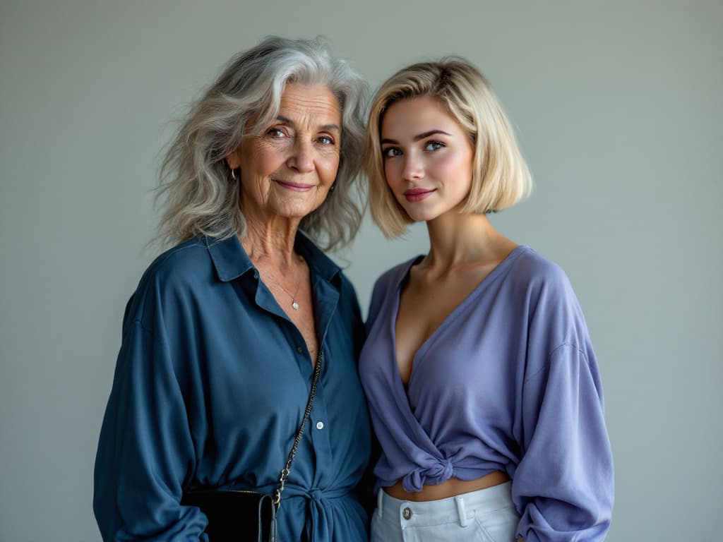 AI generated: picture of two women. one woman is old age around 60. she has grey long grey hair. Her face is wrink...