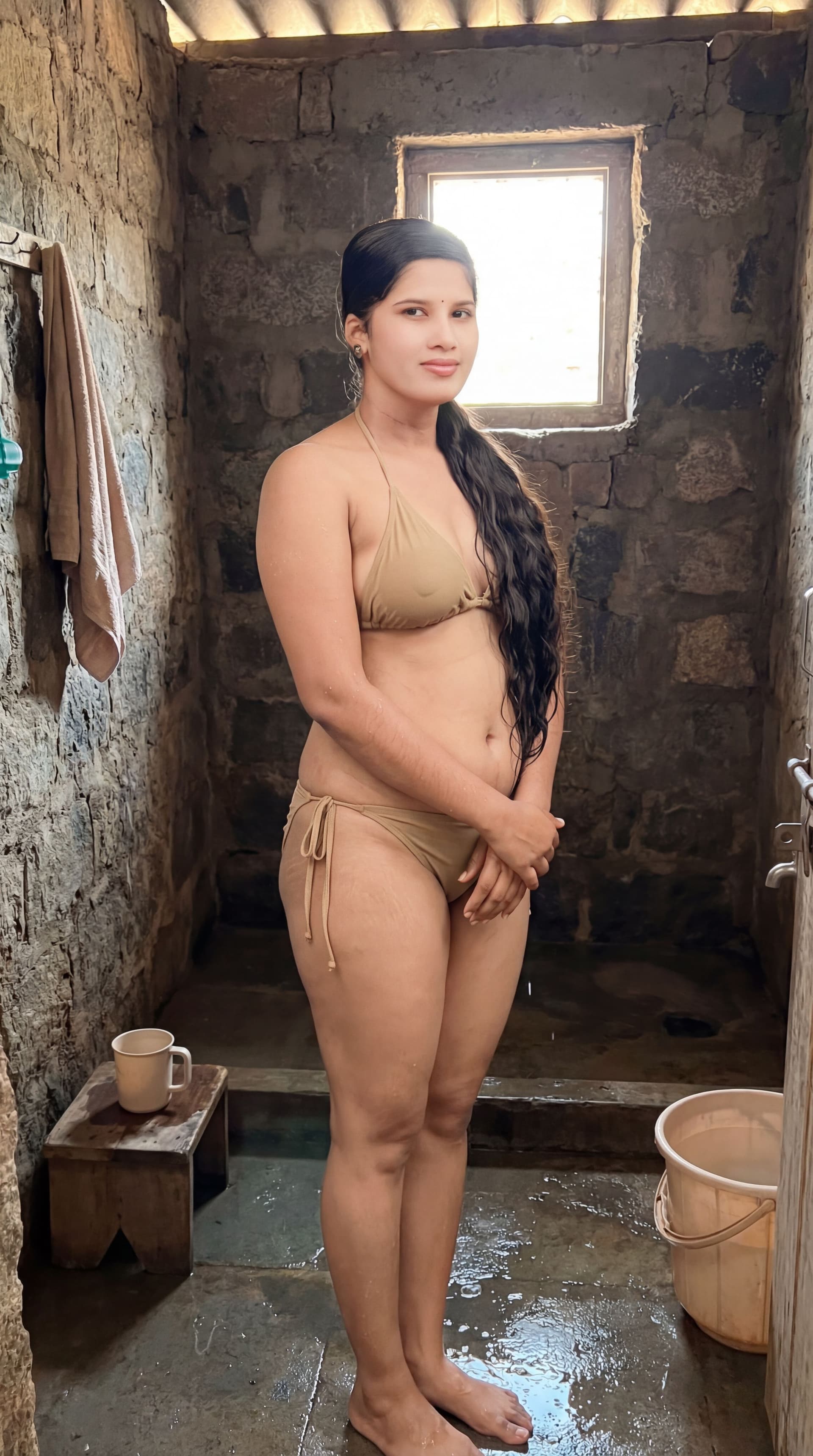 AI generated: Like a wet garment change the dress dress is sand color bikini and change the place is village bathr...