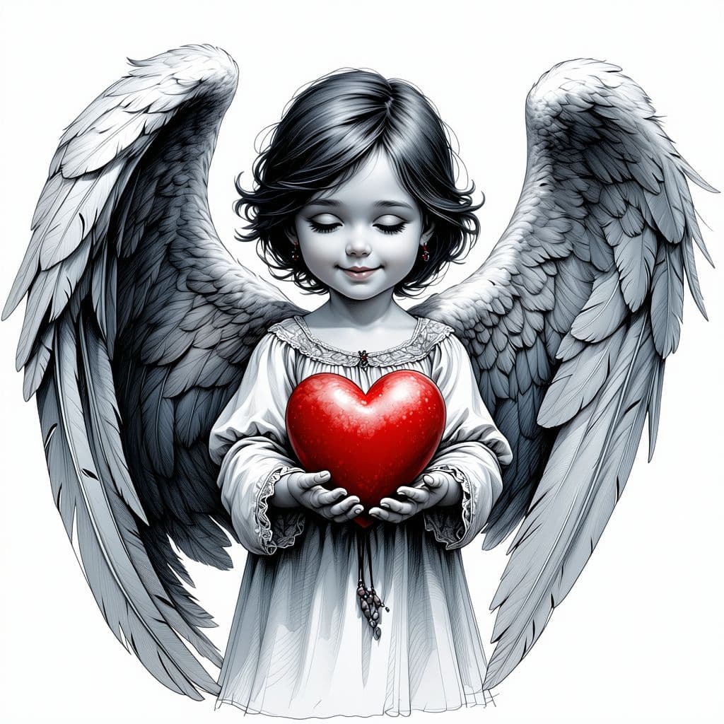 AI generated: A small, dark-haired angel with wings holds a red heart, grayscale drawing, (photorealistic), incred...