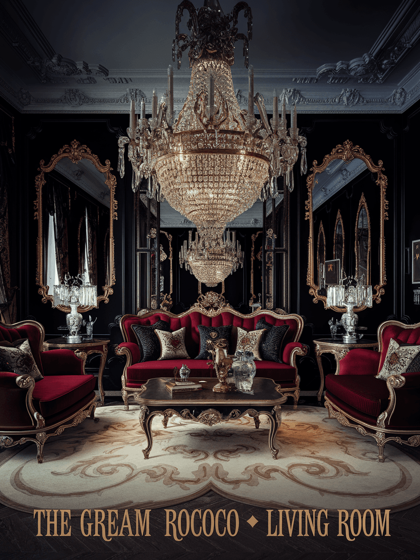 AI generated: Create a grand, opulent poster for The scene is a lavish Rococo/Baroque-inspired living room with da...