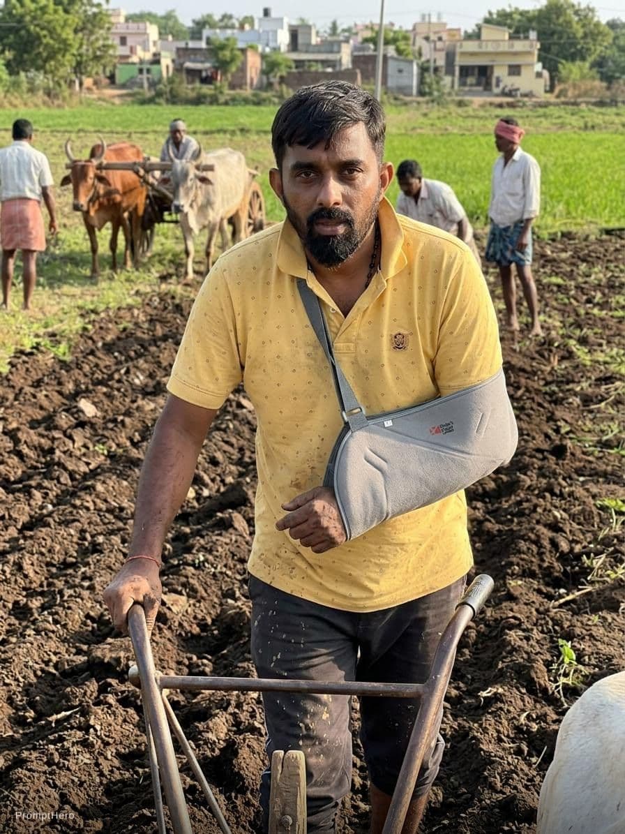 AI generated: In the photo, a man plows the ground with a plow and looks at the camera.
