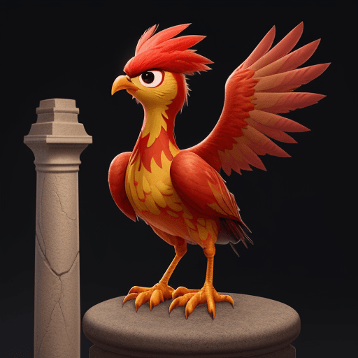 AI generated: cute phoenix, pixar like. pecking a stone column. Red color of high resolution feathers. High relief...
