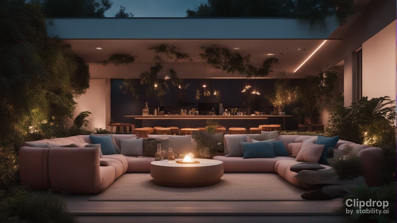 AI generated: high resolution photography landscape design, absolutely open space snack-bar and blended with the g...