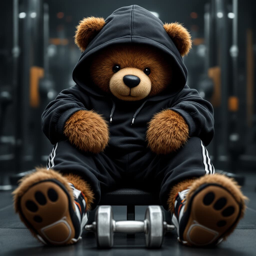 AI generated: anthropomorphic teddy bear, sitting on a gym bench, with his arms resting on his legs, resting, head...