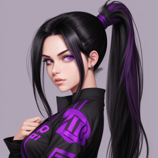 AI generated: h1nats0r0, black hair, 1girl, ponytail, long hair, purple eyes, hot clothes