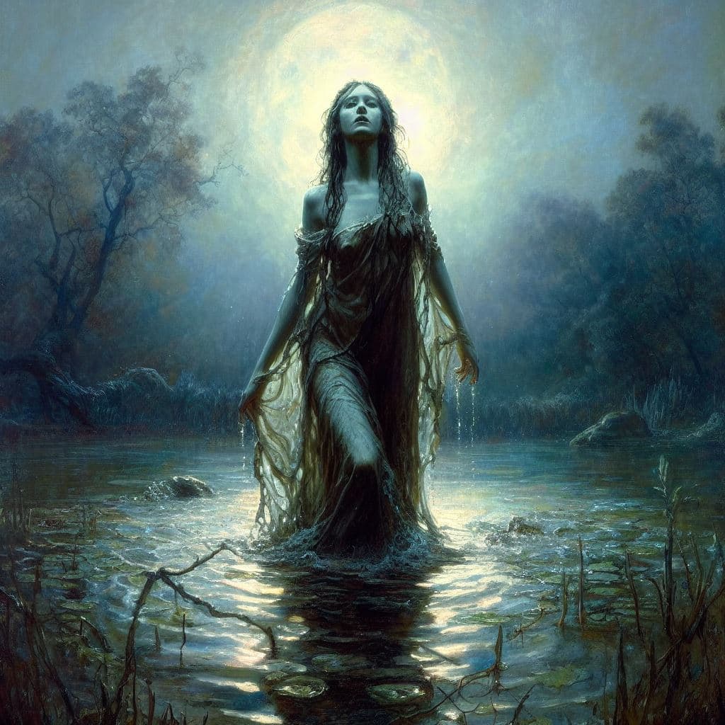 AI generated: paintiing in the style of Ilya Repin of a Rusalka rising from a pond at night in the moonlight, beau...