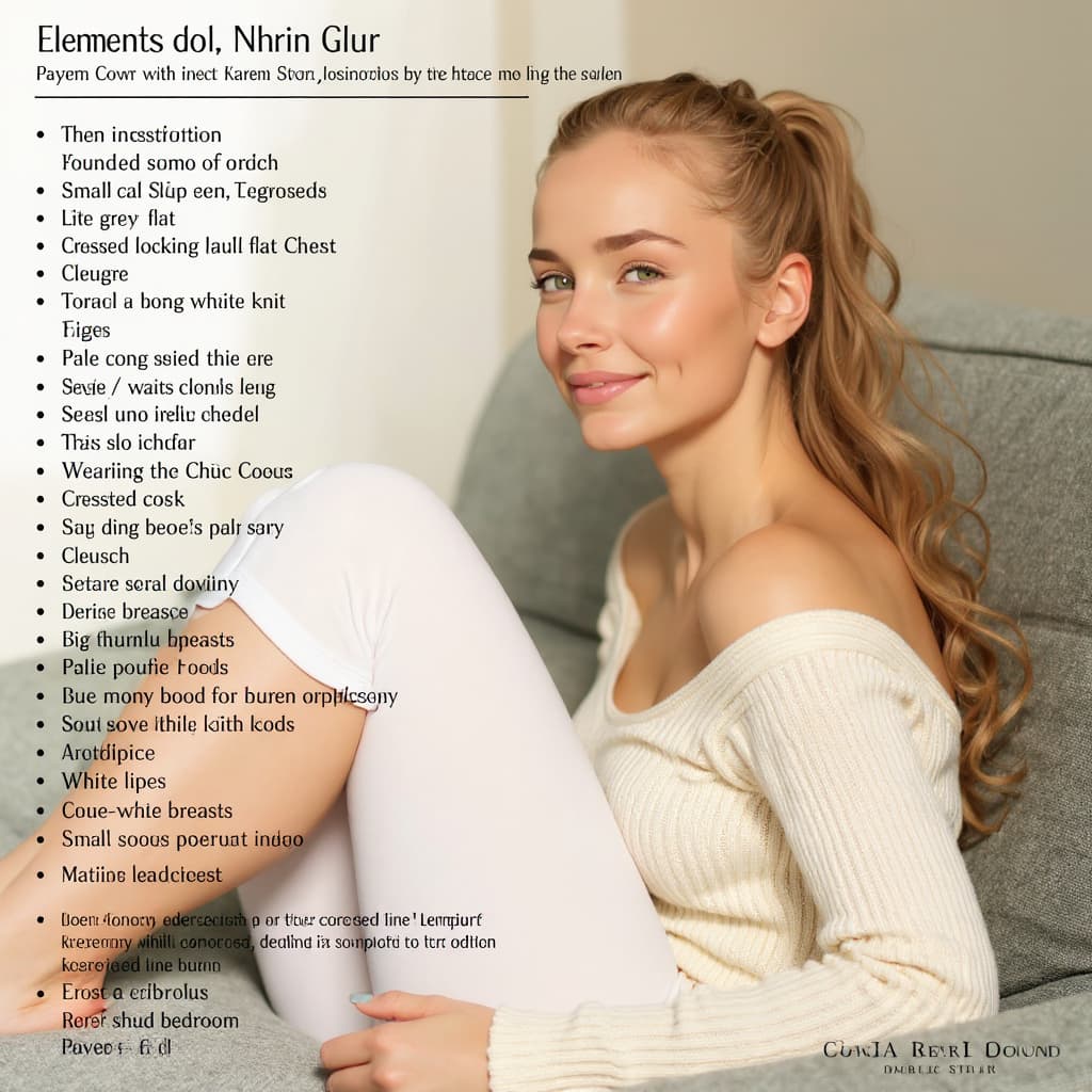 AI generated: fantasy art, woman , young, messy ponytail dark blonde hair, grey  eyes, sitting on sofa, small brea...