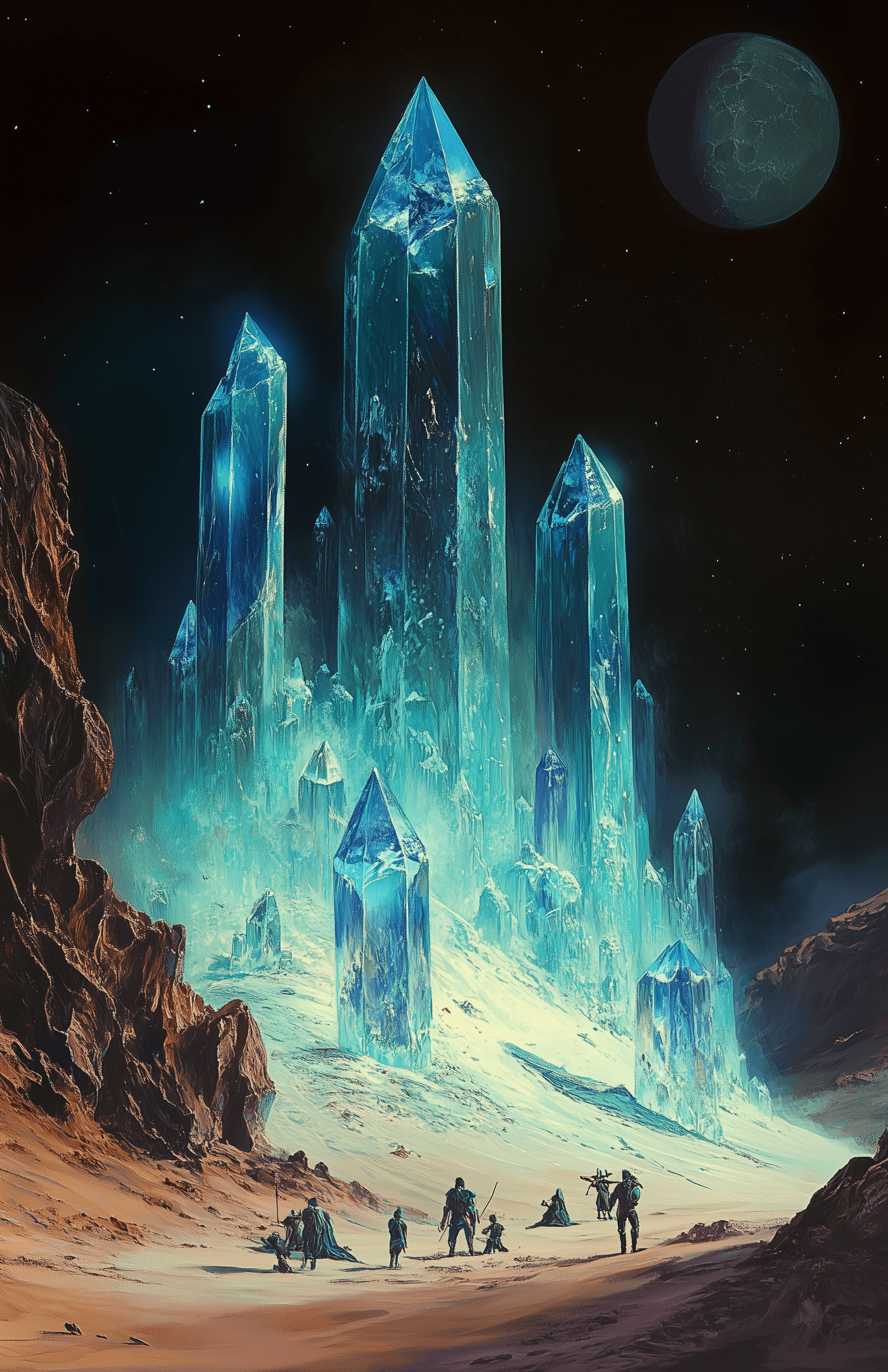 AI generated: A group of people playing in the sand on an alien planet, with a castle made of blue crystals floati...