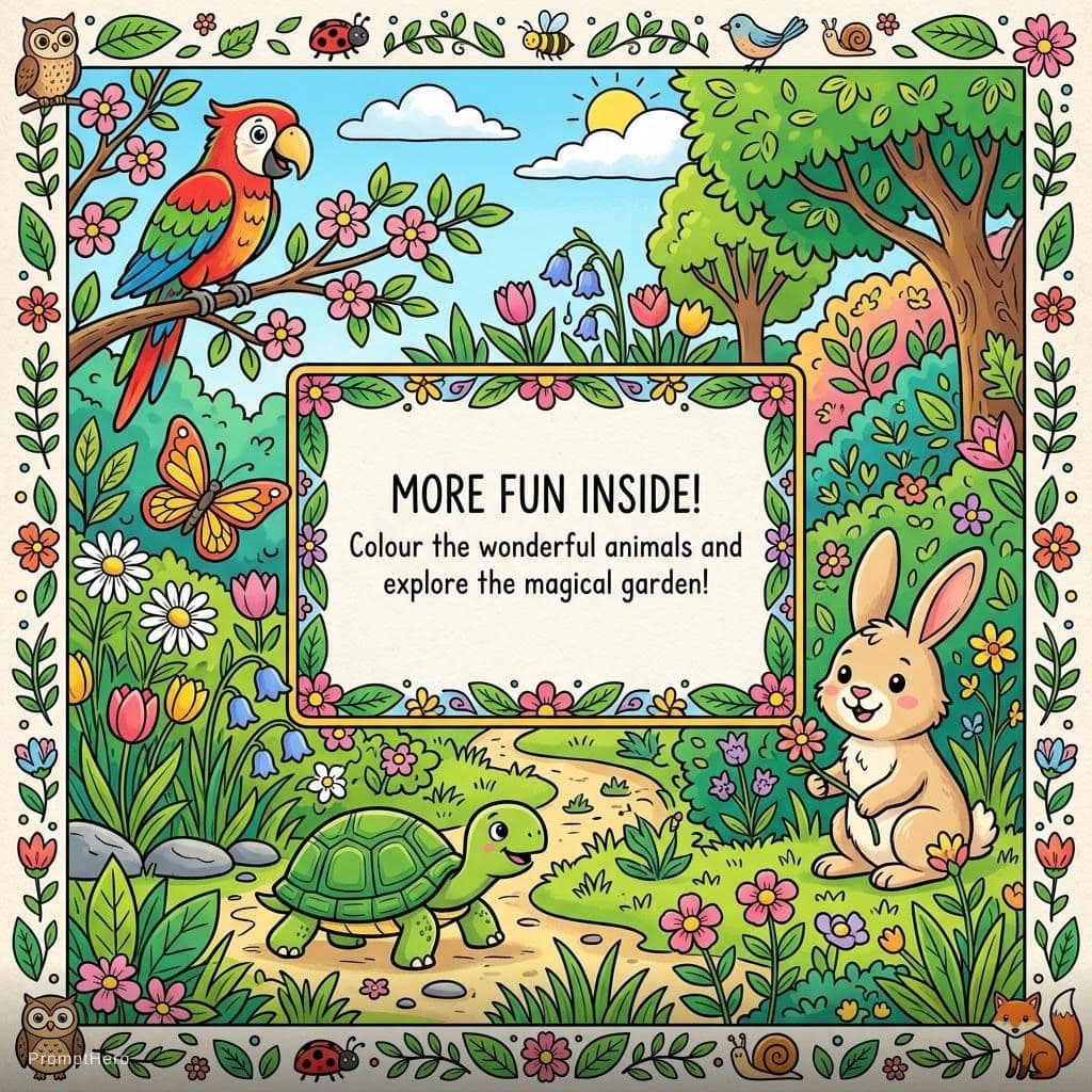 AI generated: "Children's coloring book back cover featuring a mix of cute wildlife animals including a parrot, bu...