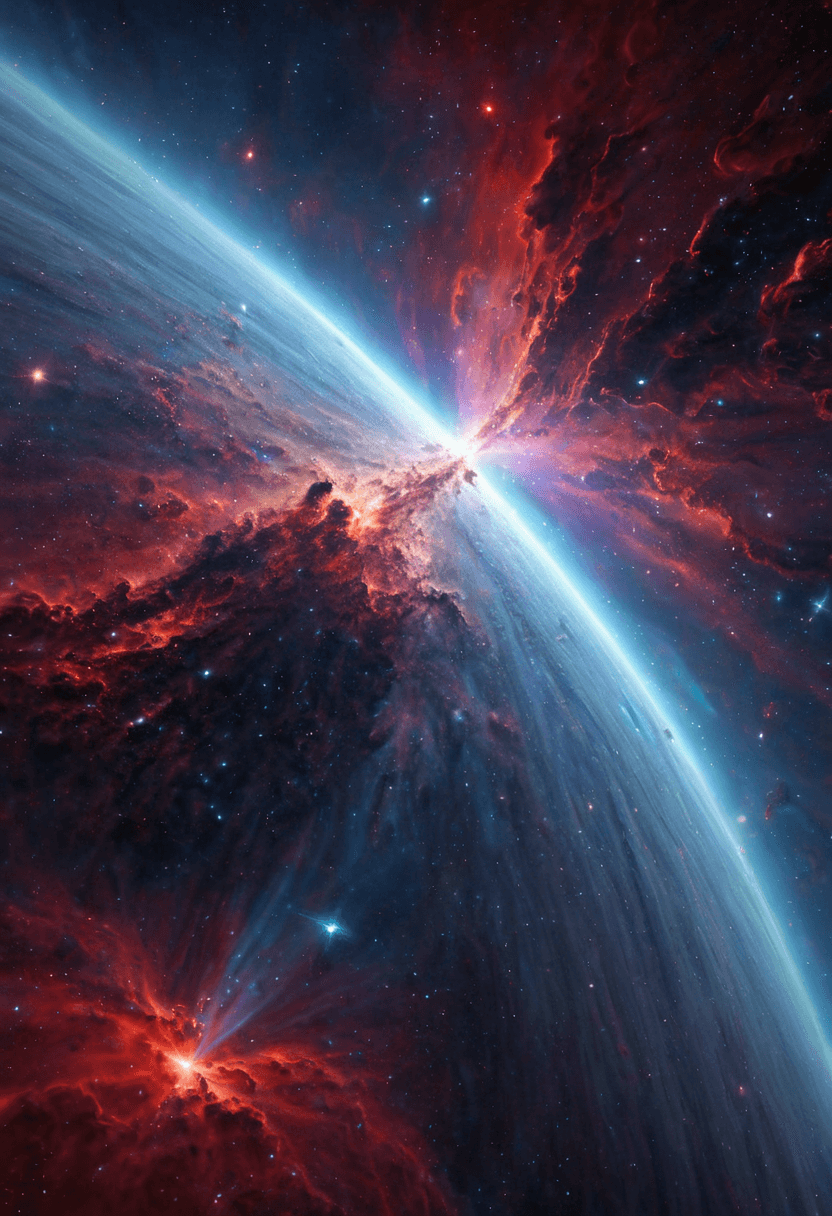 AI generated: A high detail cosmic nebula with vibrant reds and blues, dynamic colors and shifting lights, intrica...