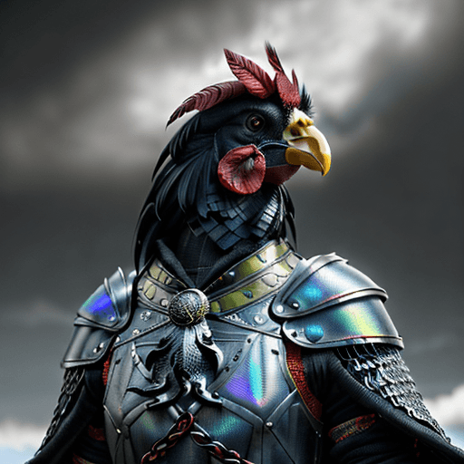 AI generated: ultra realistic photo, fantasy character portrait, male black feather anamorphic rooster face!, hype...