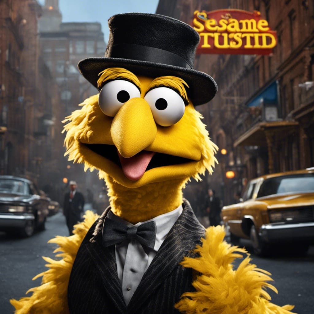 AI generated: Big Bird from Sesame street as a mafia boss, (detailed stunning environment), cinematic, cover art, ...