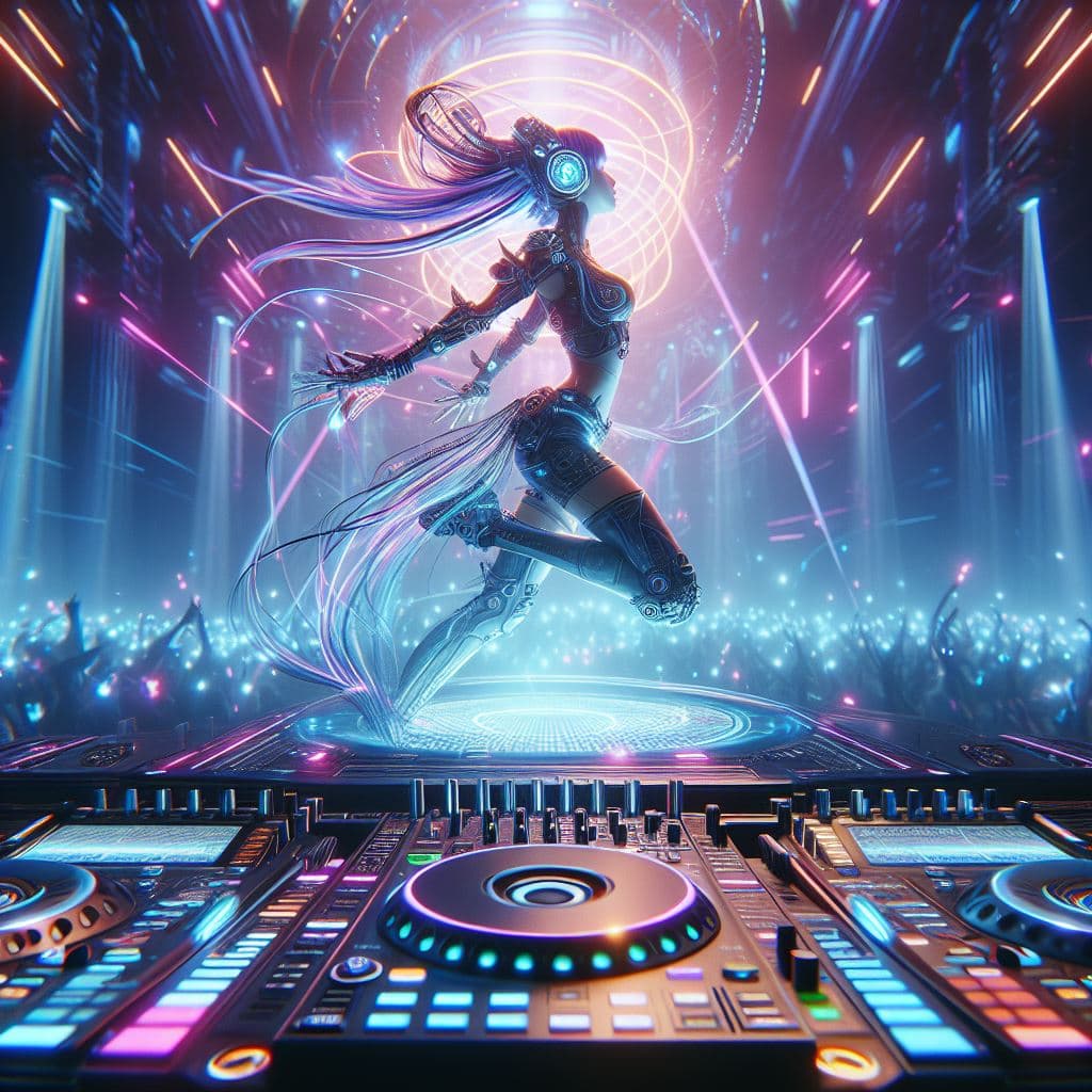 AI generated: Capture the vibrant energy and musical prowess of DJ Sona in a hyper-realistic photograph set in a f...