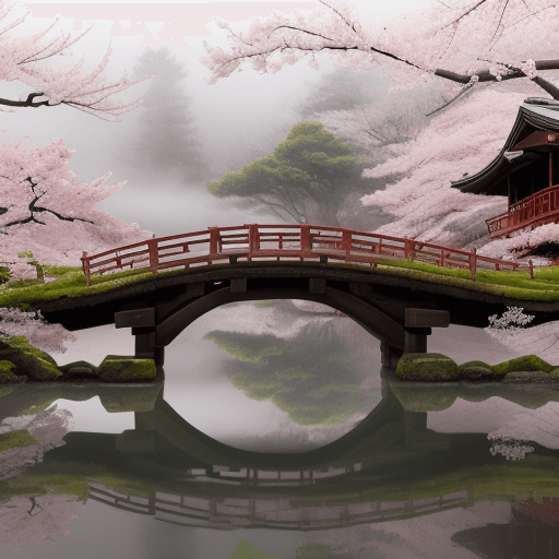 AI generated: an old rock and wood bridge over a serene lake, a huge Sakura Tree (cherry blossom) with thick trunk...
