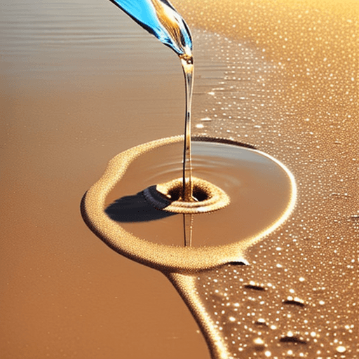 AI generated: A single water droplet falling from a tap onto golden sand.