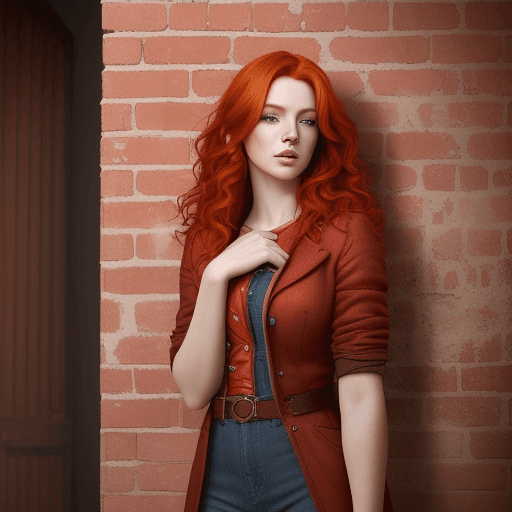 AI generated: an image of a woman with vibrant red hair standing against a textured brick wall, in the style of re...