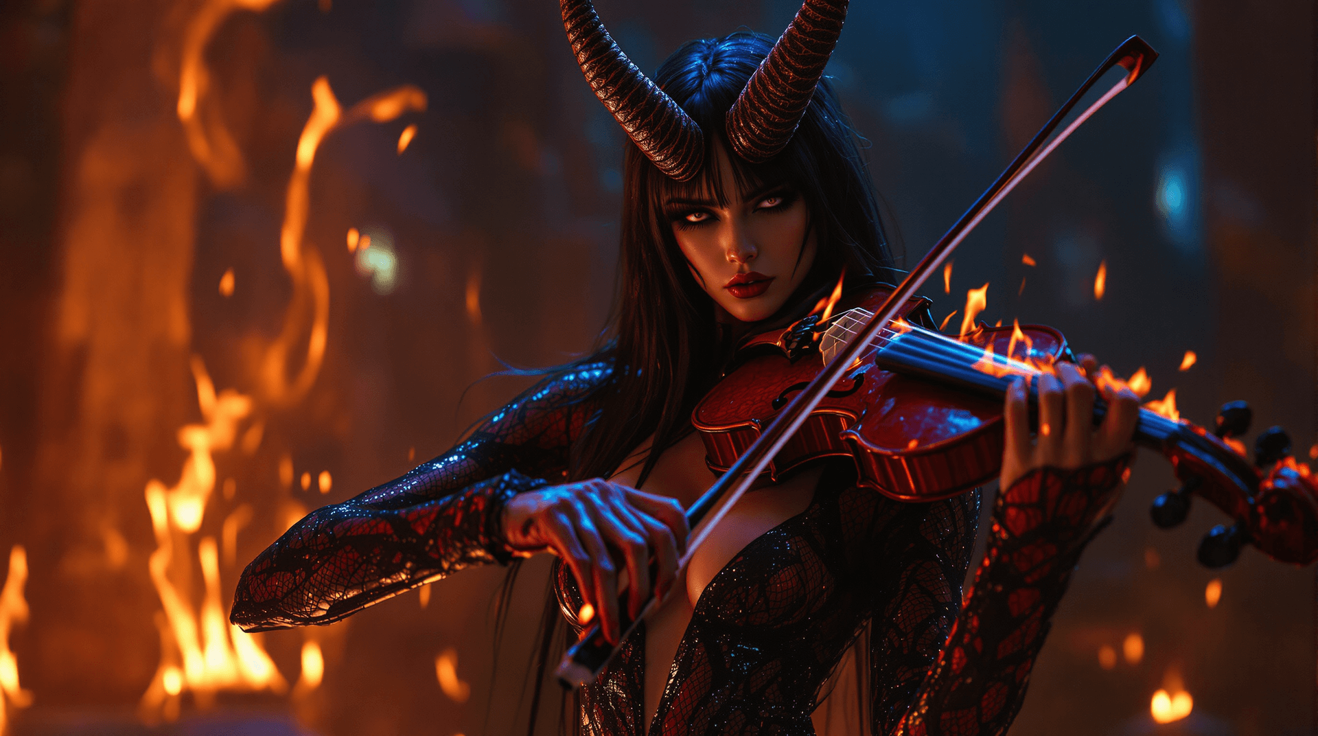 AI generated: a bold and edgy portrait female demon character playing Violin, reminiscent of the dark, mystical wo...