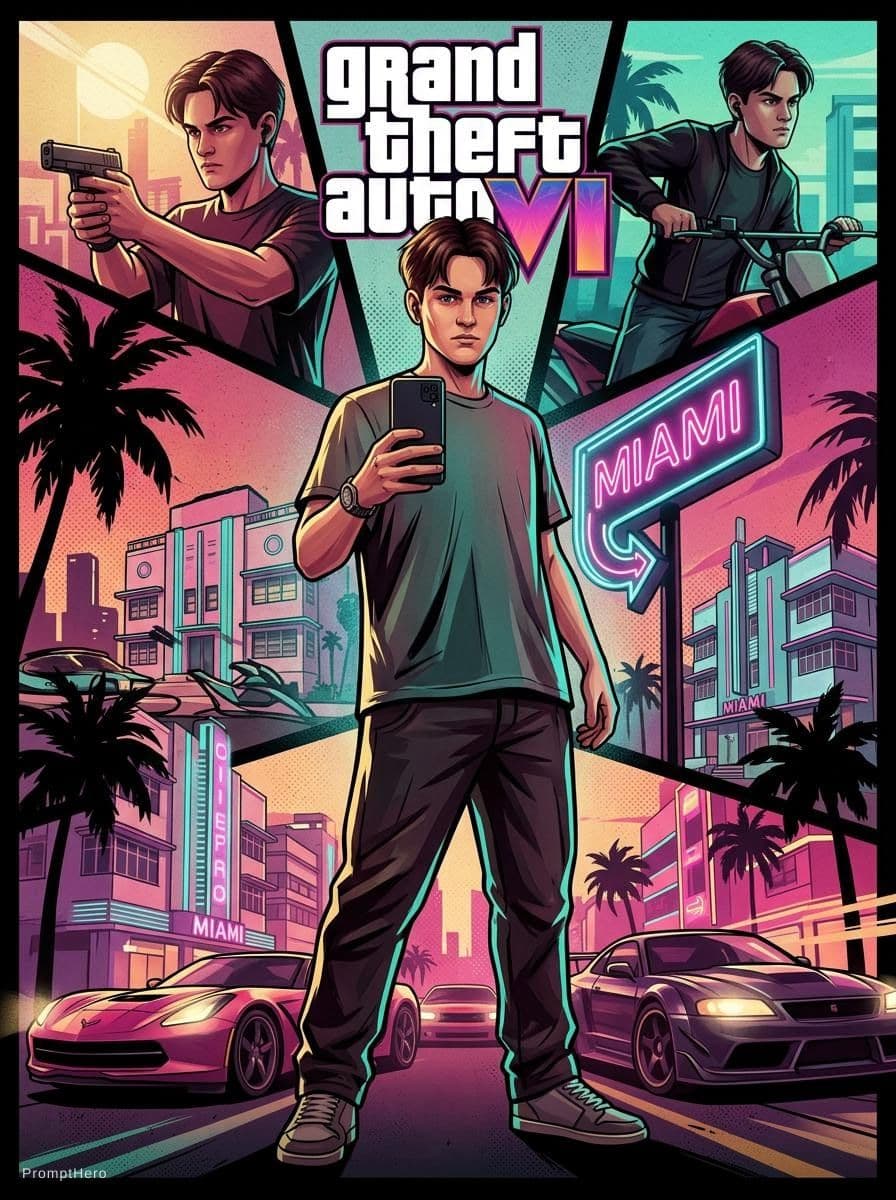 AI generated: Convert this image into a 3:4 official GTA VI-style game poster for the character standing full-body...