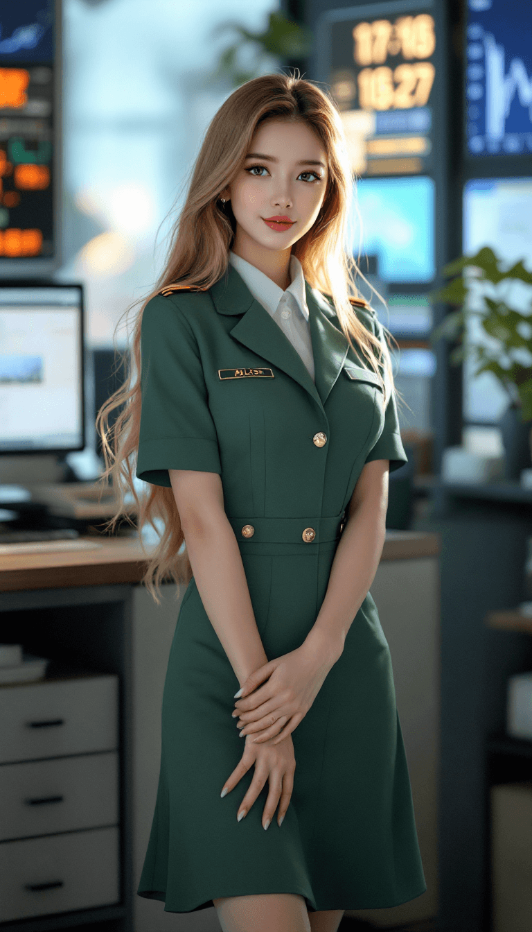 AI generated:  female, blond long Hair, wearing a beautiful green miniskirt dress, Her uniform pilot, Asia, White ...