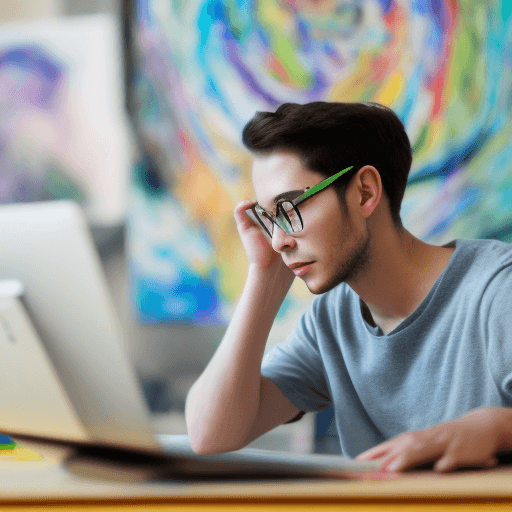 AI generated: Art student man looking at the computer creating websites, great mood camera at the back of computer...