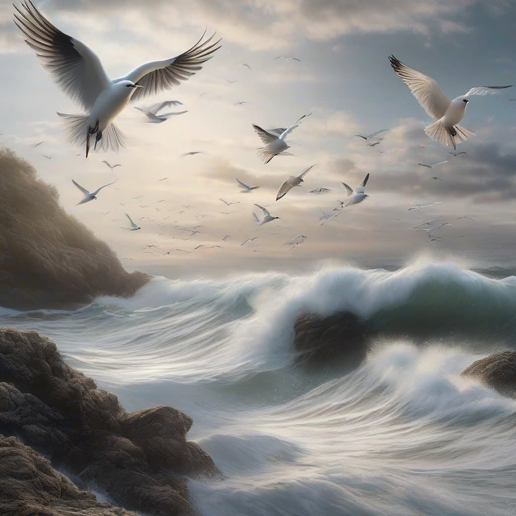 AI generated: landscape: "Birds are flying over the sea. The white wings of the waves are shaking..."