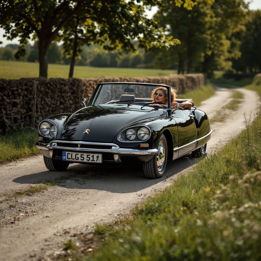 AI generated: gorgeous lady driving ,the Citroën DS 19 black Convertible, in the countryside, 