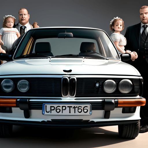 AI generated: against the background of a BMW there are 4 people a man weighing 100 kg, 2 children and a tall wife...