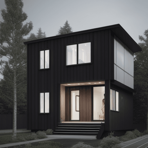AI generated: a house, modern nordic style, with dark wood in a facade, lot of windows, 2 stories flat roof, lot o...