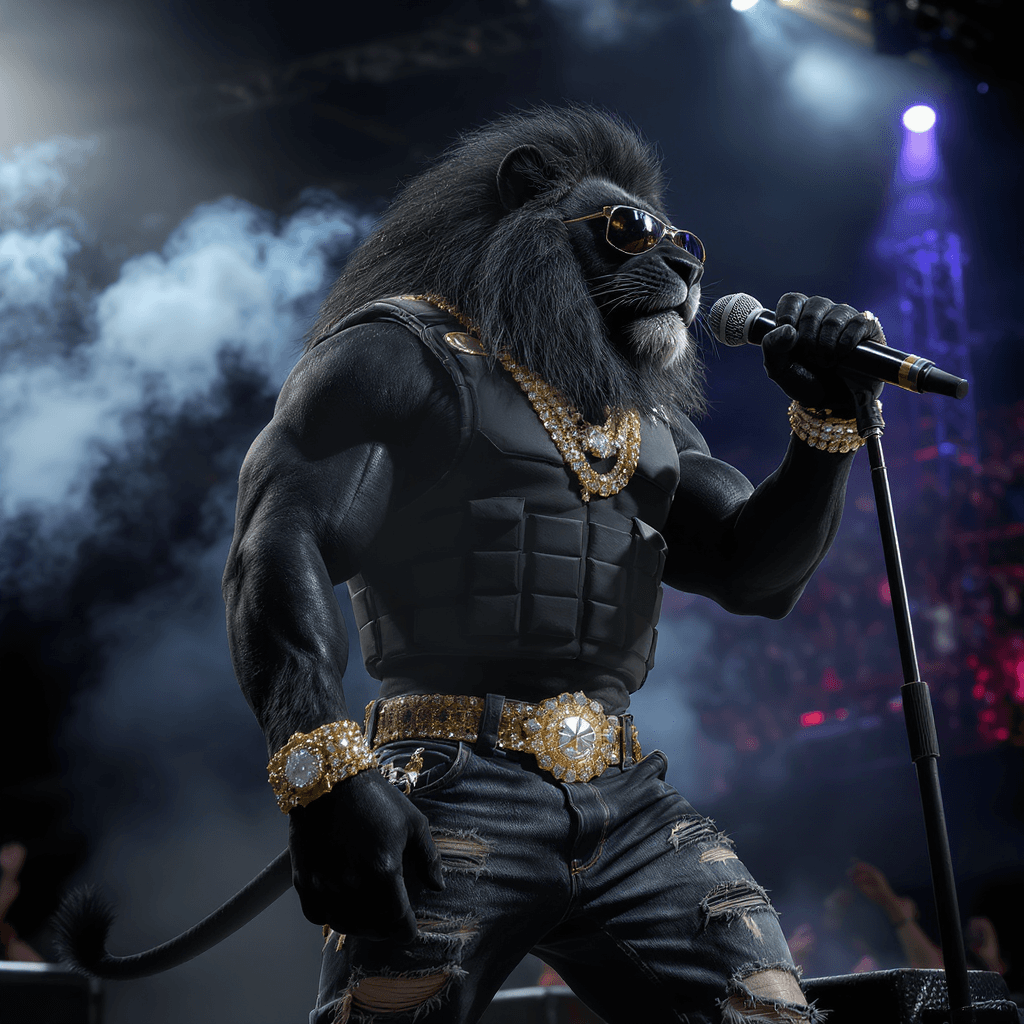 AI generated: A humanoid black lion with fierce golden eyes, standing confidently on a concert stage under dramati...