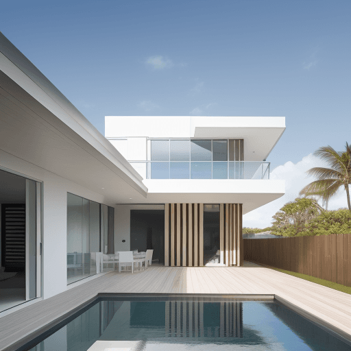 AI generated: Hyper-realistic exterior photography at eye level of a two-story modern-style house with wooden slat...