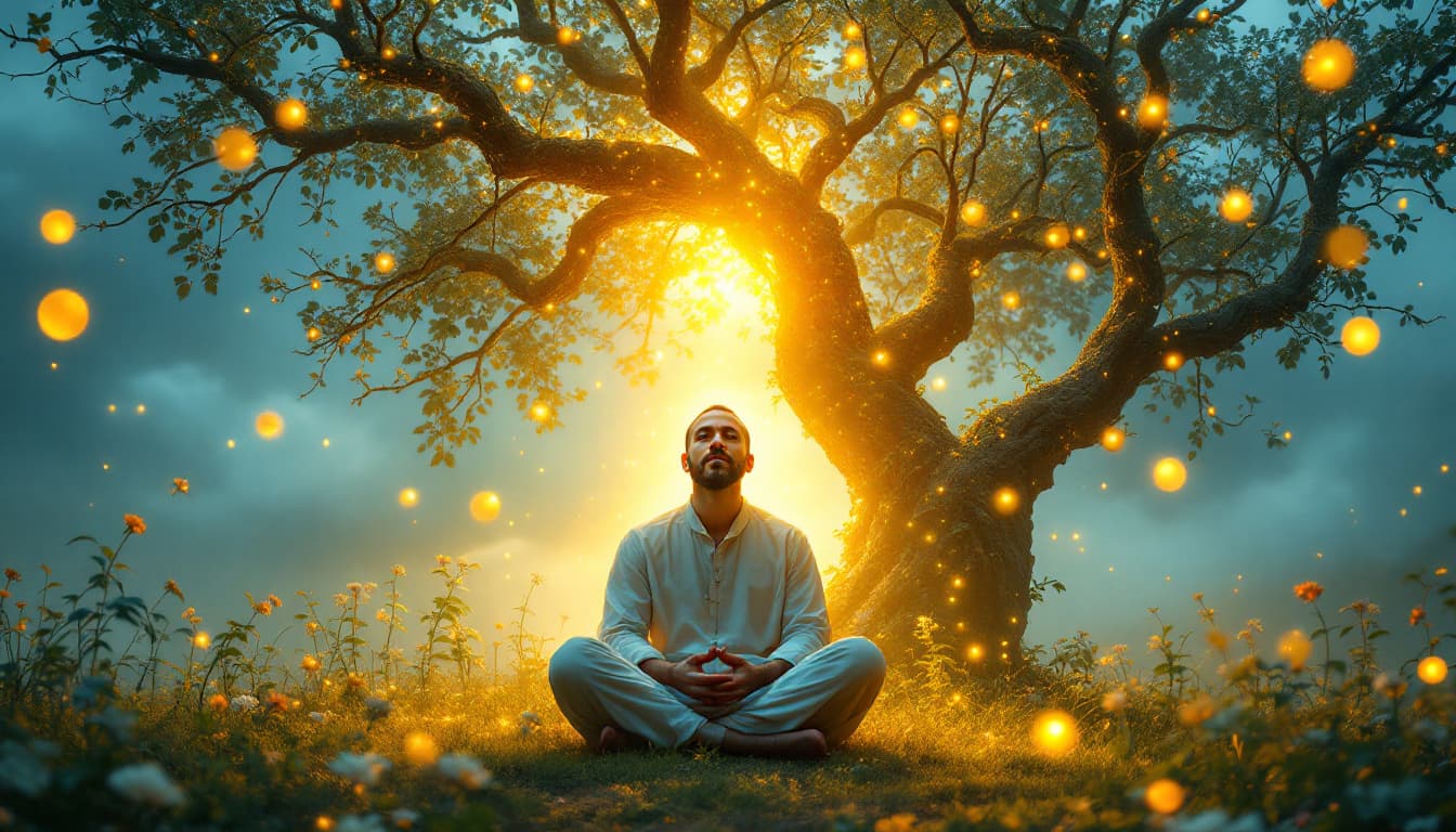 AI generated: Prompt: The man sits by a glowing tree, camera orbiting as he chants softly, golden orbs floating ar...