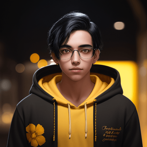AI generated: A portrait of a young man with light black hair wearing a spectacle and a  mustard-colored hoodie wi...