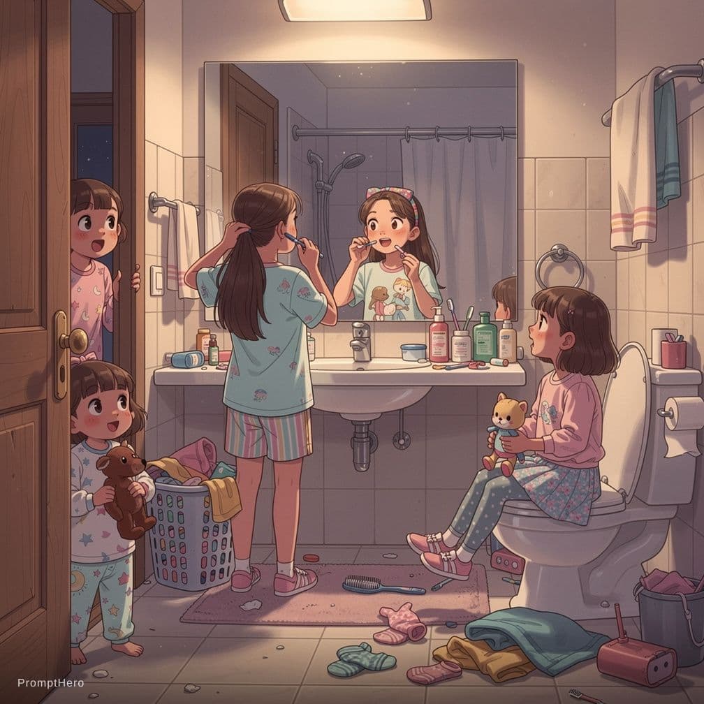 AI generated: in a messy girls toilet room at home. Two school girls wearing cute shorts and bras standing in fron...
