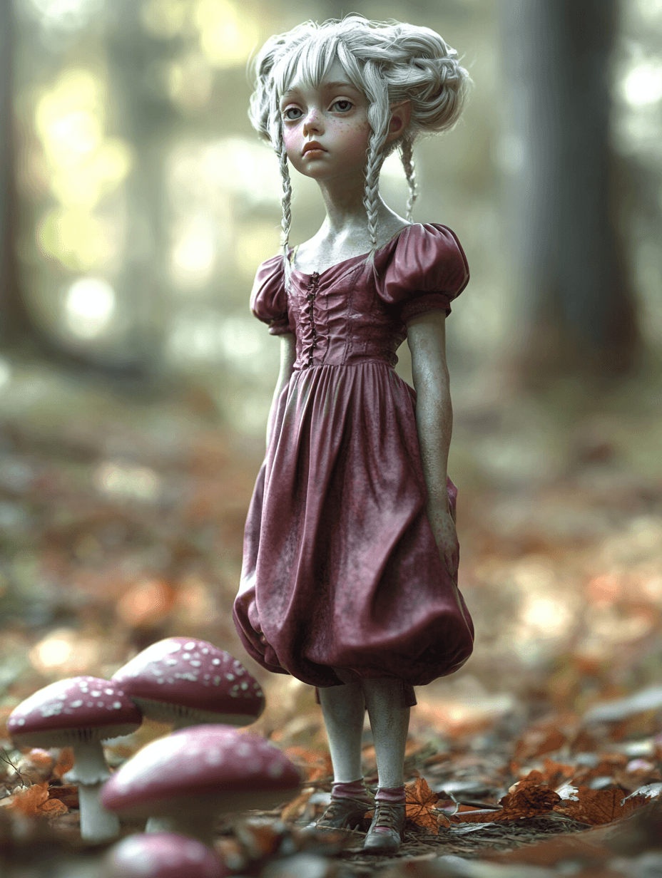 AI generated: A highly detailed, 3D-rendered portrait of a young girl with porcelain-like skin and silvery-white h...