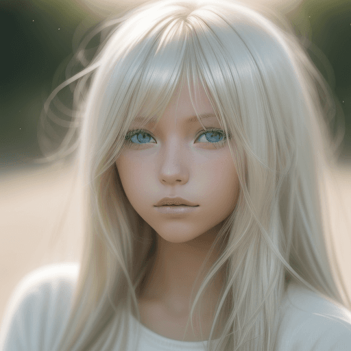 AI generated: photo featuring a girl model, blondy color hair, 300mm f/5. 8, light silver and white, optical, soft...