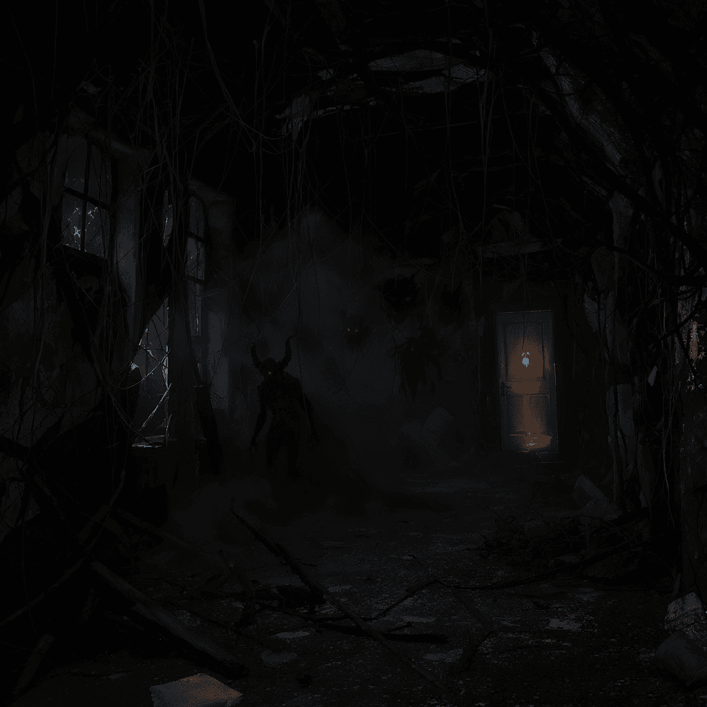 AI generated: A dark, abandoned 3D haunted mansion at night, with broken windows and flickering lights. Inside the...