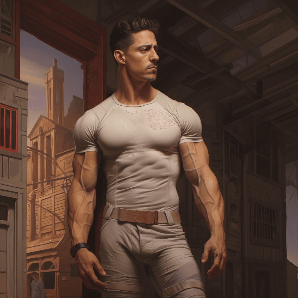 AI generated: Homem, solo, roupas do futuro, corpo definido, numa cidade futurística, roupas justas ao corpo, q mo...