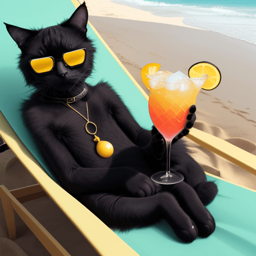 AI generated: black cat with yellow glasses on the beach lying on a chaise lounge with a cocktail in his paw