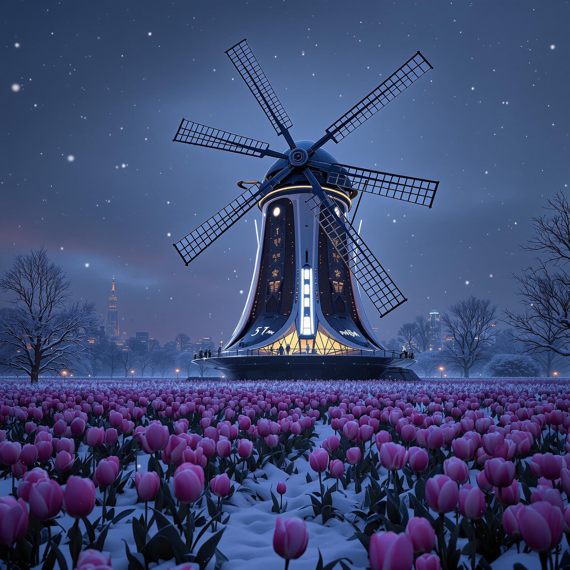 AI generated: Imagine a futuristic dutch windmill, shaped ilke a short fat 1950s retro moon rocket , in a field  o...