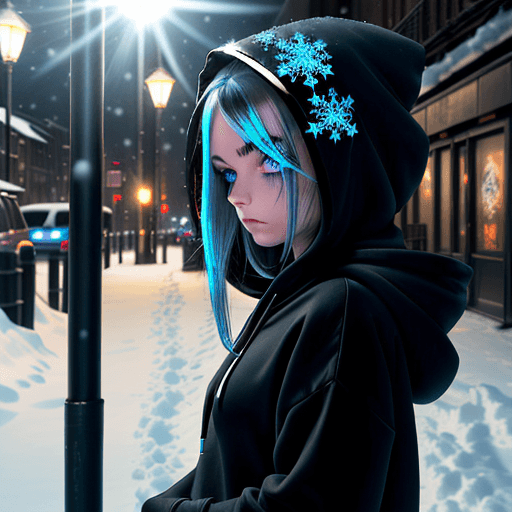 AI generated: side view beautiful girl in black hoodie hood down with blue highlights in hair. velvet eyes looking...