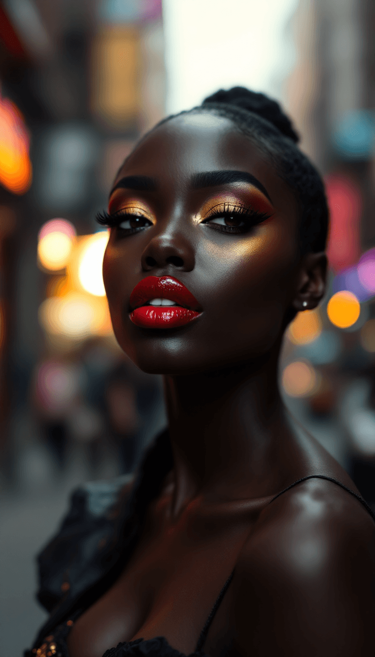 AI generated: /imagine prompt: A beautiful African woman with deep ebony skin, full lips with a glossy red lipstic...