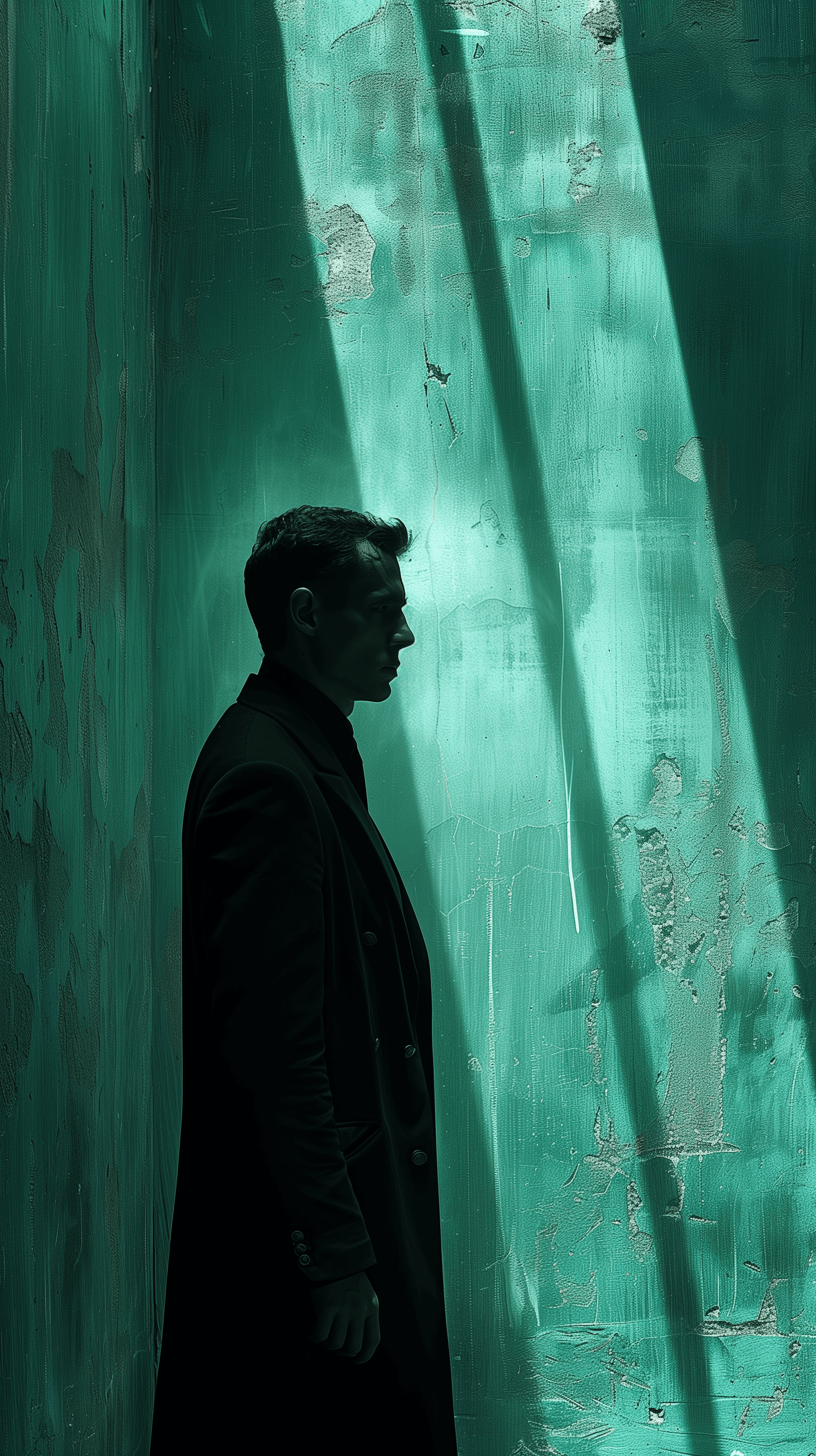 AI generated: conceptual photography, dark moody, atmospheric scene where a man model stands contemplatively, cast...