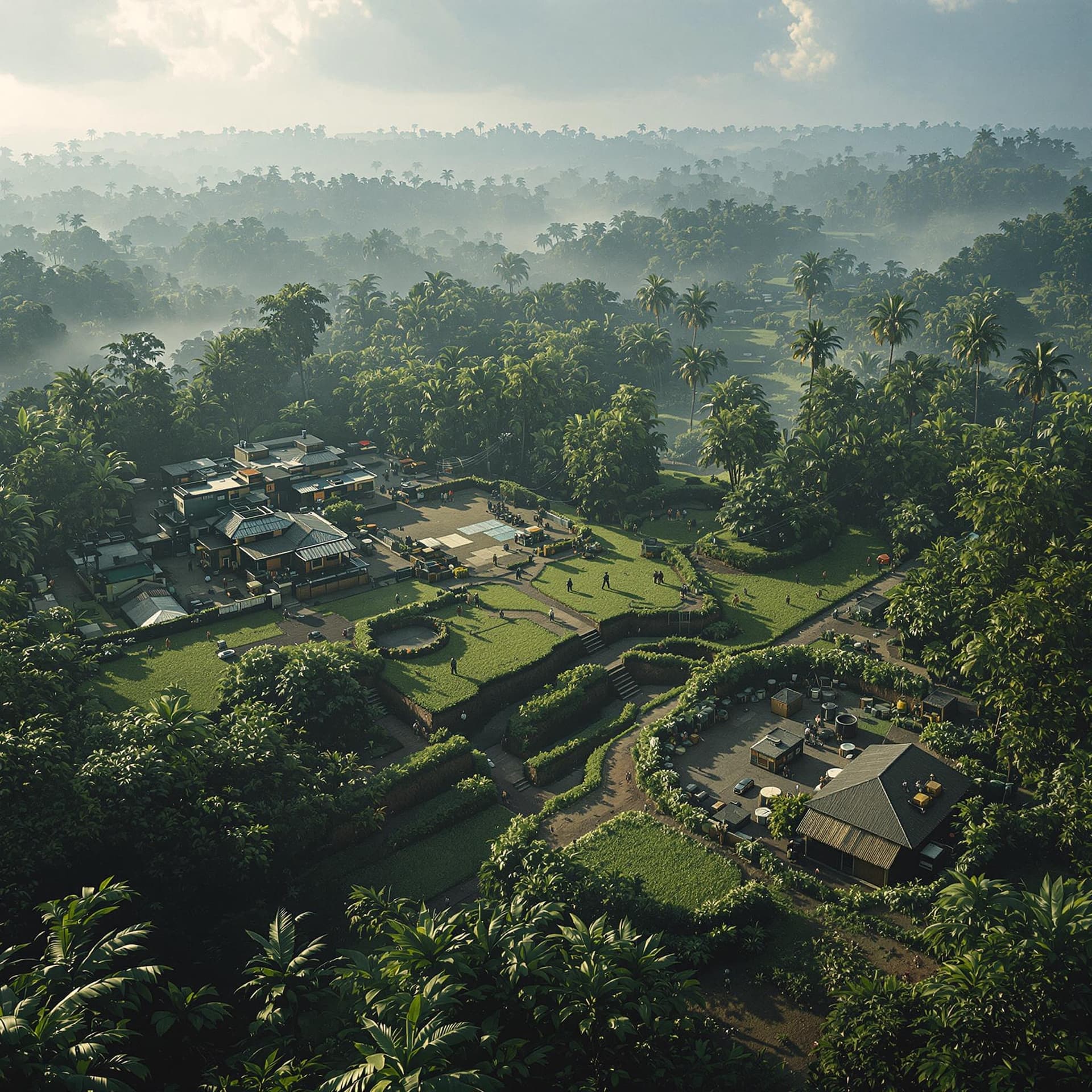 AI generated: realistic drone recon shot of an enemy base in the middle of a jungle, buildings, trenches