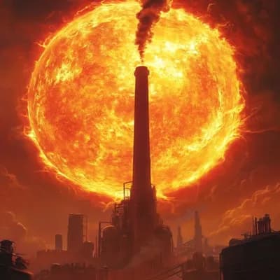 AI generated video: A giant smoke stack bellows smoke as a fiery sun sets behind it 