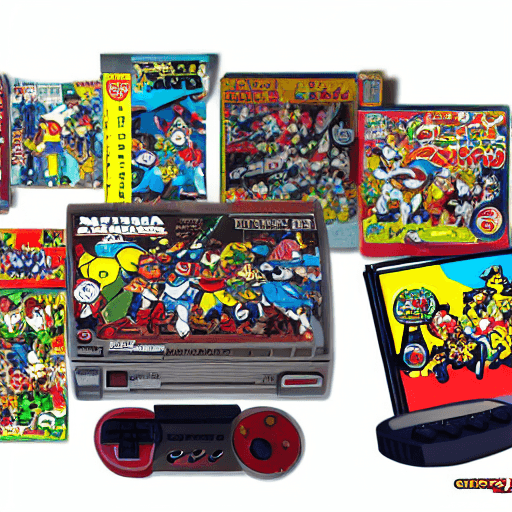 AI generated: Create a plane of objects in the anime, manga, retro style. It includes a Super Nintendo console, a ...