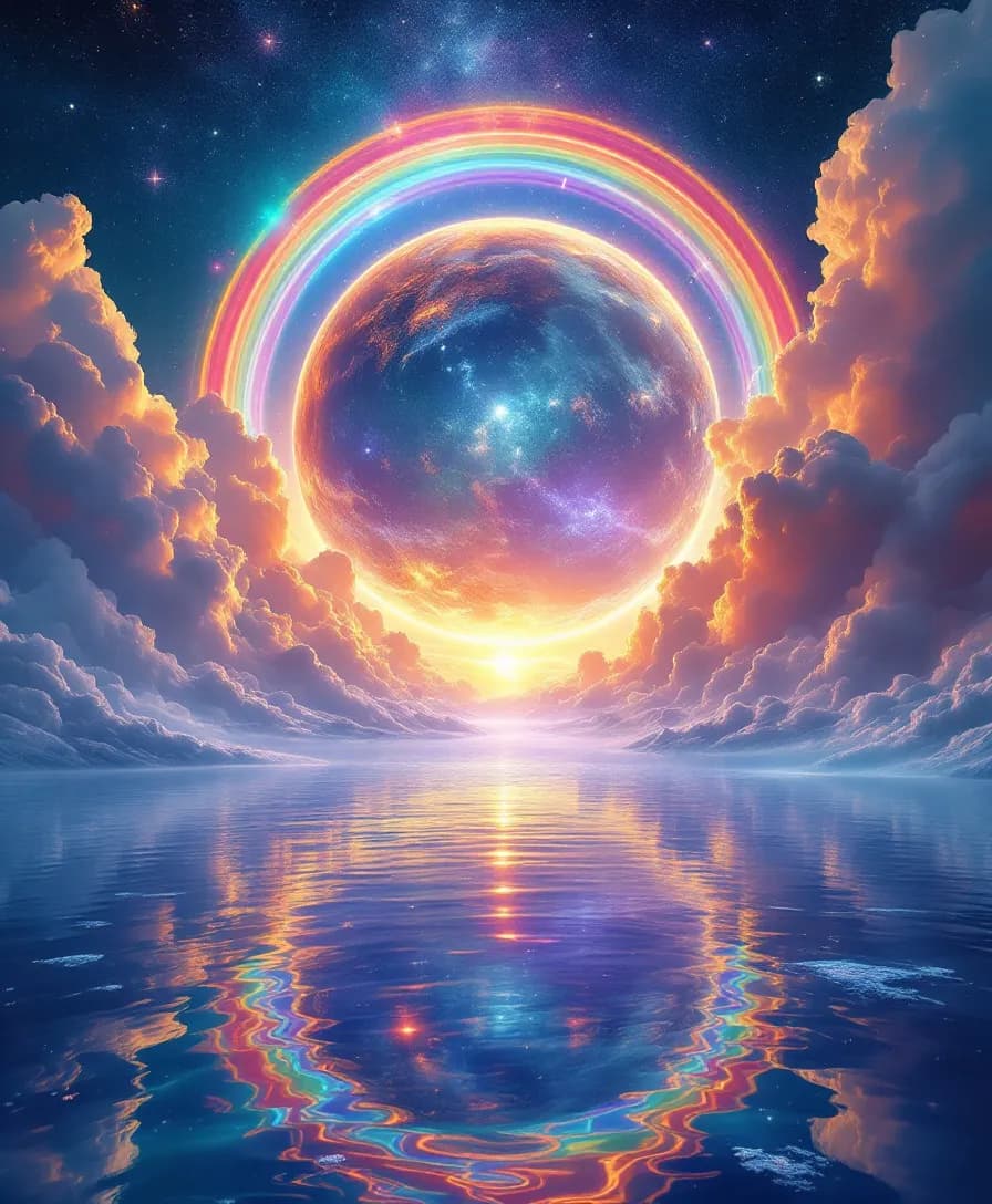 AI generated: A surreal, dreamlike depiction of a cosmic landscape featuring a majestic planet with visible landma...