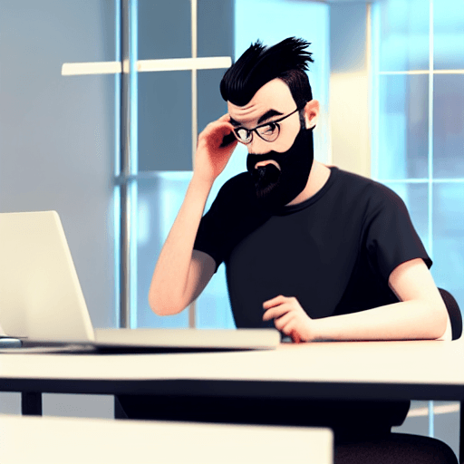 AI generated: young hacker man in desk room, with long face, with clean shaven short beard, with dark hair, withou...