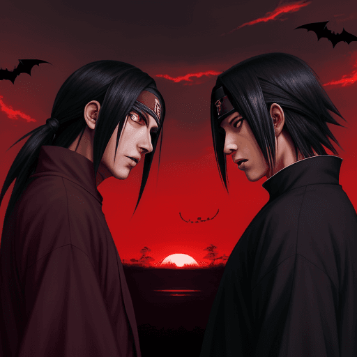 AI generated: Hyper realistic eye level of Itachi Uchiha and sasuke Uchiha front to front in a super dark red suns...