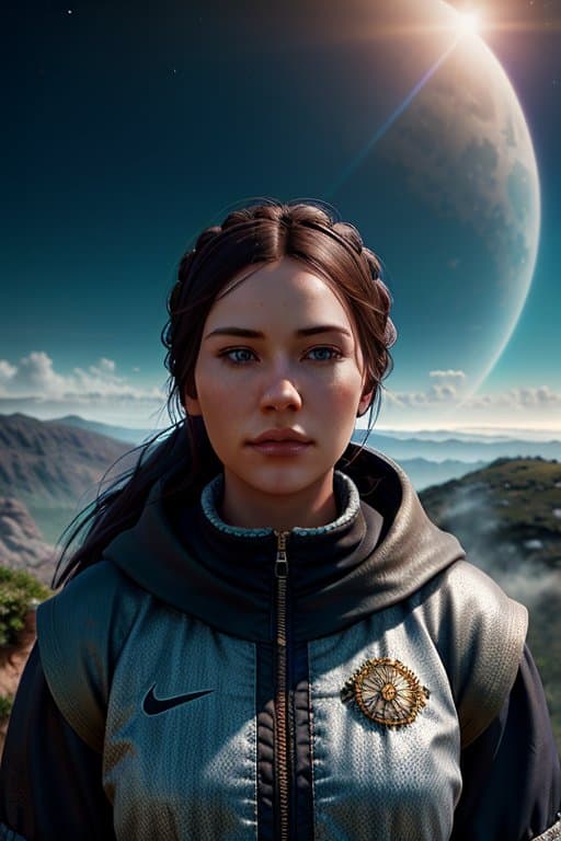 AI generated: poster of traveler| standing alone on hill| centered| detailed gorgeous face| key visual| intricate ...