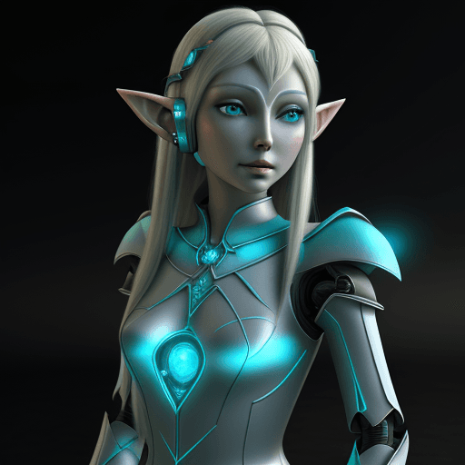 AI generated: Elf Galadriel dressed in a robot outfit in the dark and having a earphone, in the style of daz3d, an...